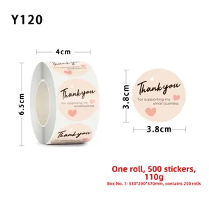 Detail showing 3.8cm circular Thank You sealing stickers roll with dimensions and 500 pcs count