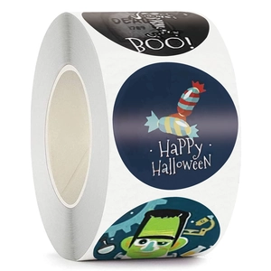 Roll of Halloween stickers with Happy Halloween and Boo themes for gift decorations