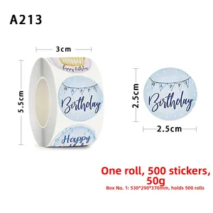 Detailed dimensions of 2.5cm diameter Happy Birthday stickers with balloons and banners