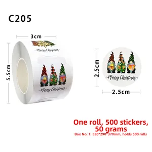 Detail of 1-inch Christmas gnome stickers roll showing 500 labels and dimensions