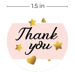 1.5 inch round Thank You roll stickers with pink stripe and gold stars on white background