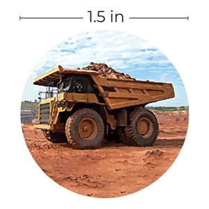 1.5 inch circular reward stickers for kids featuring a yellow heavy-duty mining dump truck