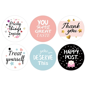 Roll of 6 round decorative thank you stickers with modern patterns and typography