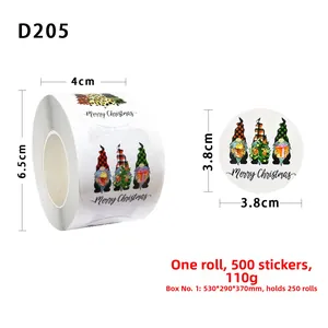 Detailed size specifications for a roll of 500 Merry Christmas gnome stickers labels