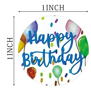 Round 1 inch Happy Birthday stickers with colorful balloons and confetti on white background
