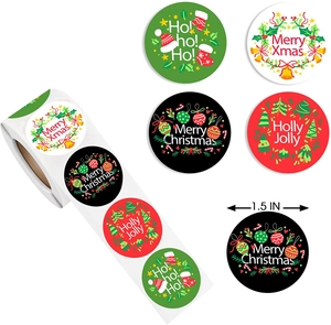 Detail of 1.5 inch round Christmas stickers roll featuring four festive graphic designs