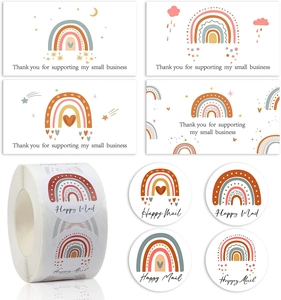 Detail view of boho rainbow thank you cards and happy mail stickers for small business