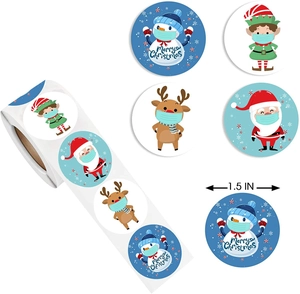 Detailed 1.5-inch round Christmas roll stickers showing Santa and snowman designs