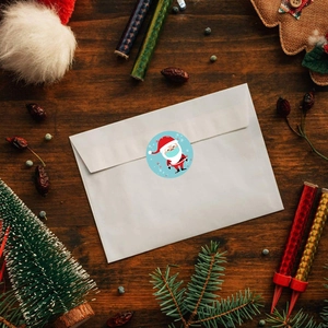 Christmas Santa stickers with masks on envelopes with festive decorations and wood background