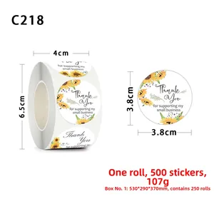 3.8cm round business thank you stickers with sunflower design on a roll of 500 pieces