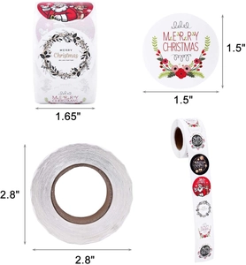 Detail of Christmas roll stickers showing Santa, elk and snowflake patterns with sizes