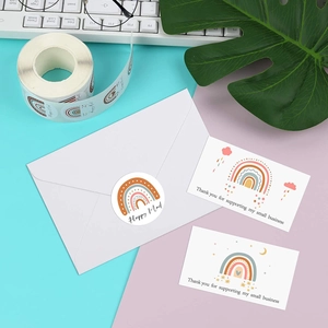 Rainbow boho style Thank You small business sticker roll and matching cards set