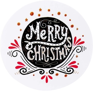Close-up of a circular Christmas sticker with Merry Christmas text and red leaf decor