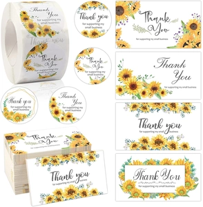 Detail of sunflower Thank You stickers roll and matching cards for small business decor