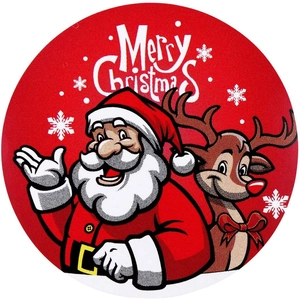 Roll of round Merry Christmas stickers featuring Santa and reindeer on red background