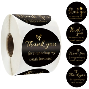 Rouleau de 500 étiquettes Thank You noires et dorées pour décoration de petits colis