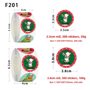 Detailed size chart for Christmas roll stickers featuring Santa and Happy New Year motifs