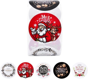 Detail of Christmas roll stickers featuring Santa and reindeer holiday designs