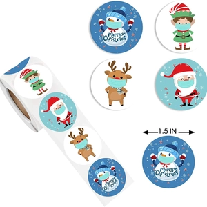 Roll of 1.5 inch Christmas stickers featuring cartoon Santa, Snowman and Reindeer motifs