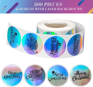 500pcs roll of holographic laser Merry Christmas stickers with four festive designs