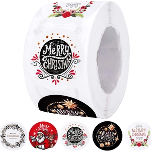Merry Christmas Round Kraft Paper Stickers Roll Self-Adhesive Labels For Gift Wrapping Santa Claus Reindeer Holiday Decor