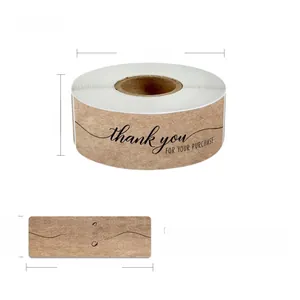Detailed view of 1x3 inch kraft paper thank you stickers with roll specifications