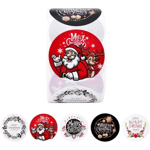 Christmas roll stickers featuring Santa and reindeer designs for holiday gift packaging