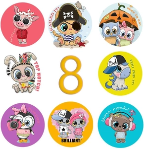 Detail of nine cartoon animal reward stickers with encouraging English phrases on white background