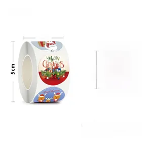 Detail showing 3.8cm Merry Christmas stickers roll with festive deer and snowman motifs