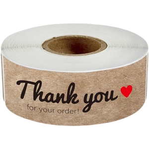 1x3 inch round brown kraft paper stickers with Thank You and red heart on roll