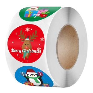 Christmas roll stickers featuring festive cartoon elk, penguin and elf illustrations