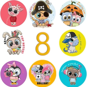 Set of 8 colorful animal cartoon stickers with encouraging English text for kids