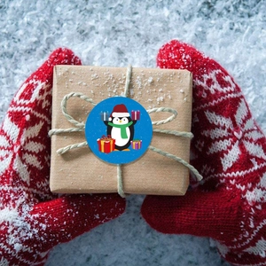 Detailed view of blue Christmas penguin sticker on craft gift box with snowflake gloves