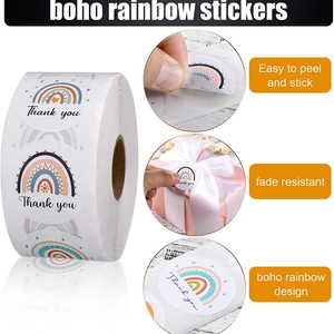 Boho rainbow thank you sticker roll for gift packaging with easy-to-peel adhesive design
