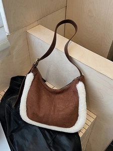 Women Retro Suede PU Faux Fur Hobo Bag Fashion Patchwork Underarm Shoulder Bag Chic Autumn Winter Plush Crossbody Bag