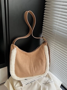 Chic suede and faux fur patchwork hobo shoulder bag in brown and white winter style