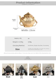 Detailed size specifications and color options for the 3D teapot-shaped crossbody bag