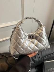 Mode Femmes Matelassé Motif Losanges Hobo Sac à Épaule PU Cuir Chaîne Bandoulière Sacoche Avec Fermoir Rotatif en Métal