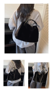 Detailed views of a black faux fur shoulder bag with golden chain strap and round handle