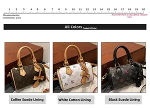 Detailed view of vintage monogram Boston bags in coffee, white, and black colors