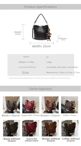 Detailed size specifications and multi-color options for vintage PU leather bucket bag