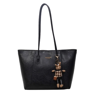Black large capacity faux leather tote bag with lychee texture and rabbit charm pendant