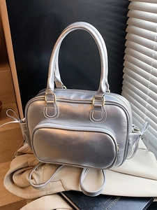 Versatile silver metallic PU shoulder bag with dual handles and adjustable straps