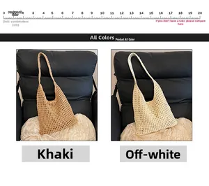 Detail of hand-woven crochet shoulder bags in khaki and cream white with mesh hollow design
