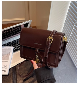 Détail du rabat en cuir brillant marron foncé et des finitions dorées du petit sac bandoulière