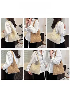 Detailed views of hollow woven large capacity shoulder bag in beige and khaki colors