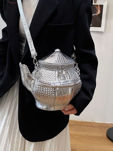 Creative silver teapot shaped crossbody bag with stylish crocodile pattern texture