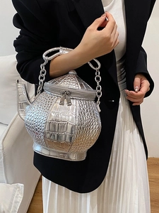 Creative silver teapot shaped handbag with crocodile texture and chunky metal chain strap