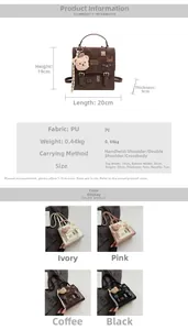 Detailed size chart and multi-color view of vintage PU leather satchel with bear charm