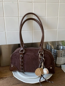 Retro Suede Patchwork Boston Shoulder Bag For Women Leopard Print Handbag With Baseball Pendant Minimalist Style